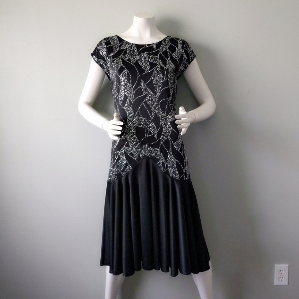 Diamond's Run Black Formal Dress Midi Silver Glitter Drop Waist Vintage 80s Prom